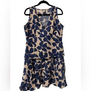 Vintage Putumayo Linen Top and Skirt Set, Beige and Navy Blue floral Zip Closure